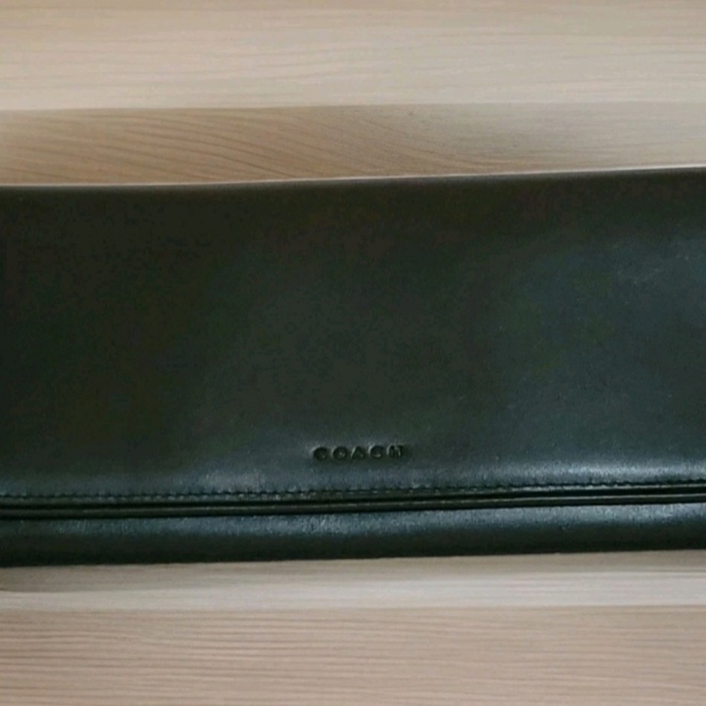 Coach Black Leather Polished Pebbled Slim Flap Envelope Wallet NWT